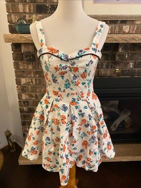 BEACH BASH skater rockabilly dress. SO adorable!! White w orange, blue, green fl